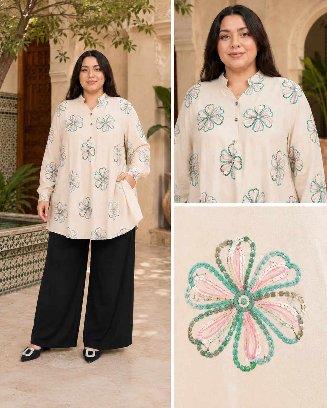 Ensemble Long Brodé en Beige et détails brodés