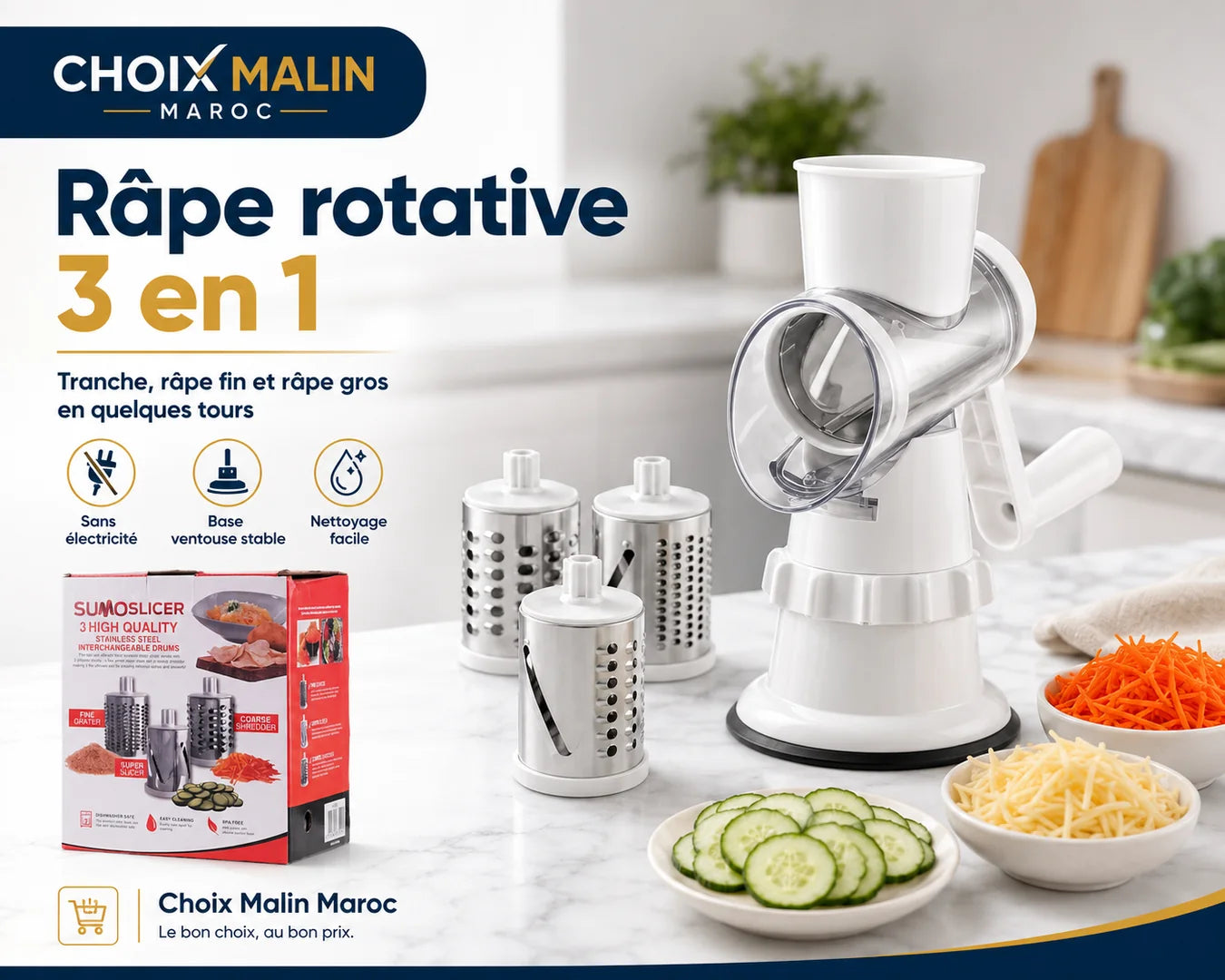 Râpe rotative multifonction 3 en 1 avec trois tambours en inox