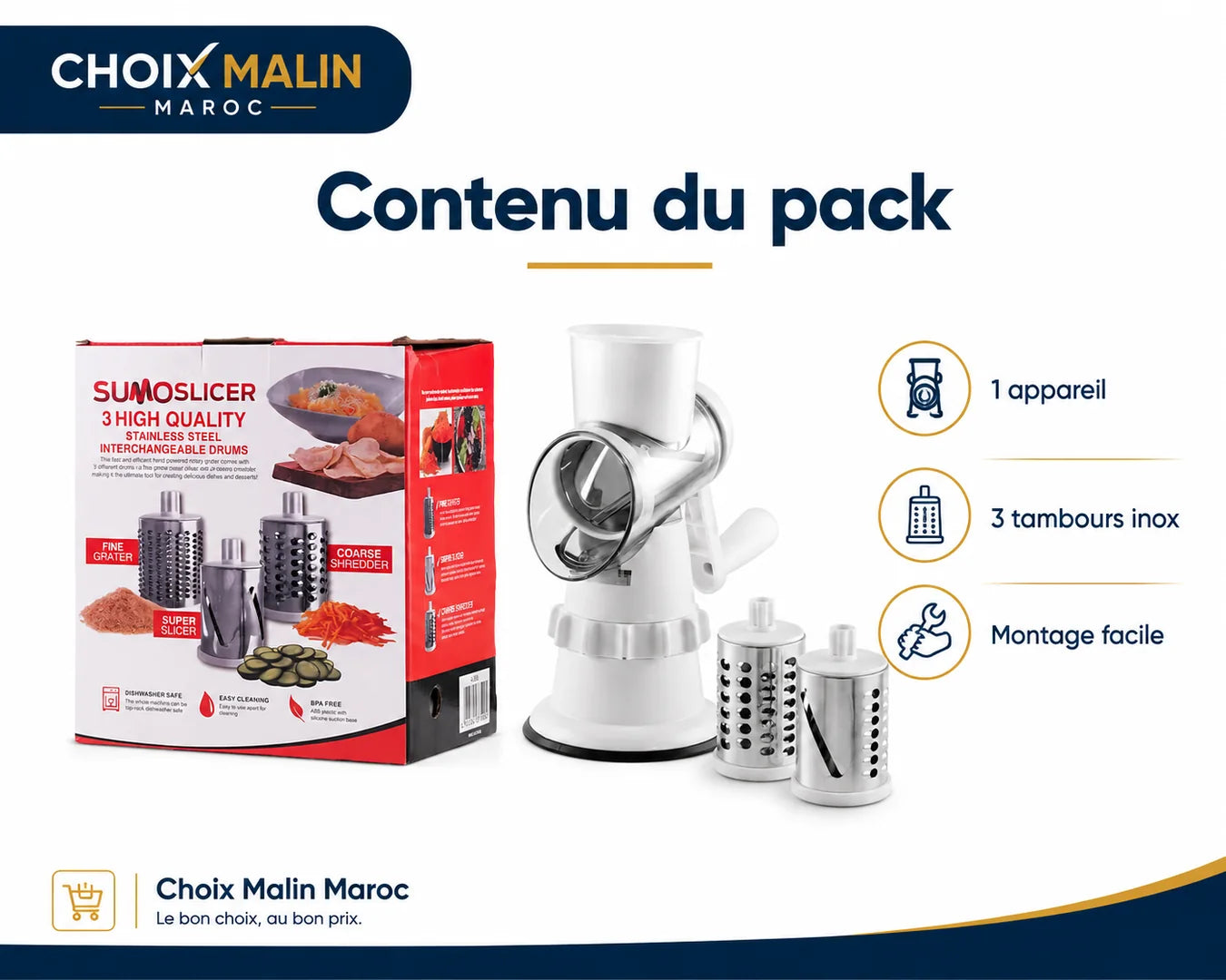 Contenu du pack avec appareil et trois tambours en inox