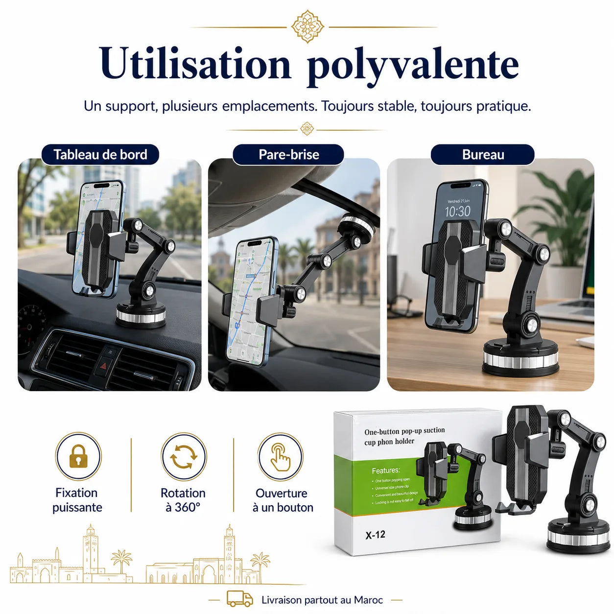 Utilisations du support X-12 dans la voiture et au bureau
