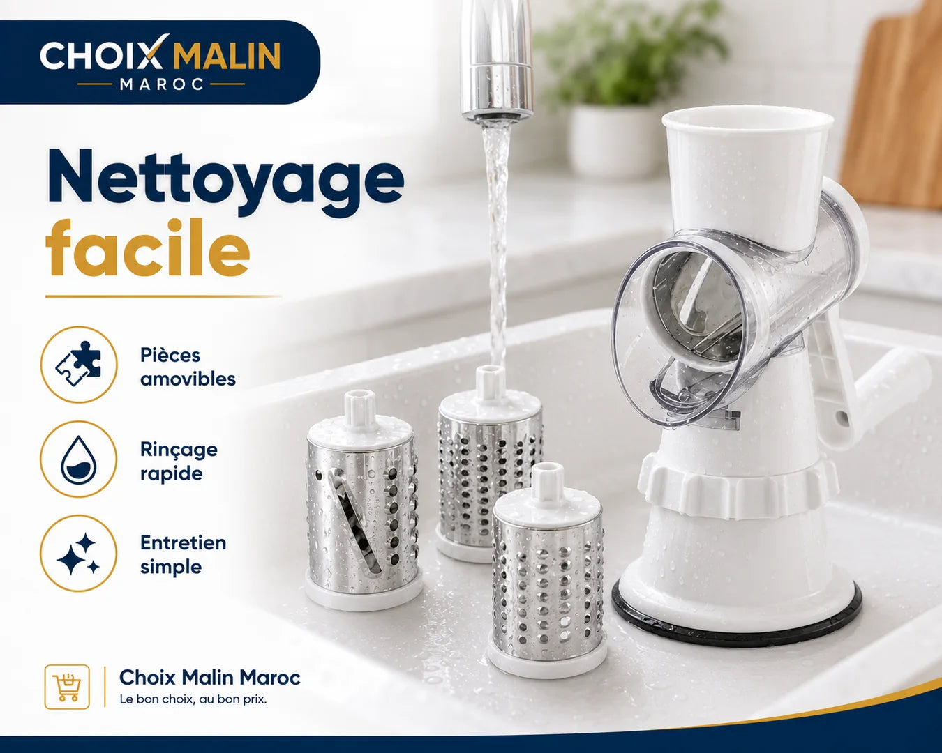 Nettoyage facile des pièces amovibles de la râpe rotative
