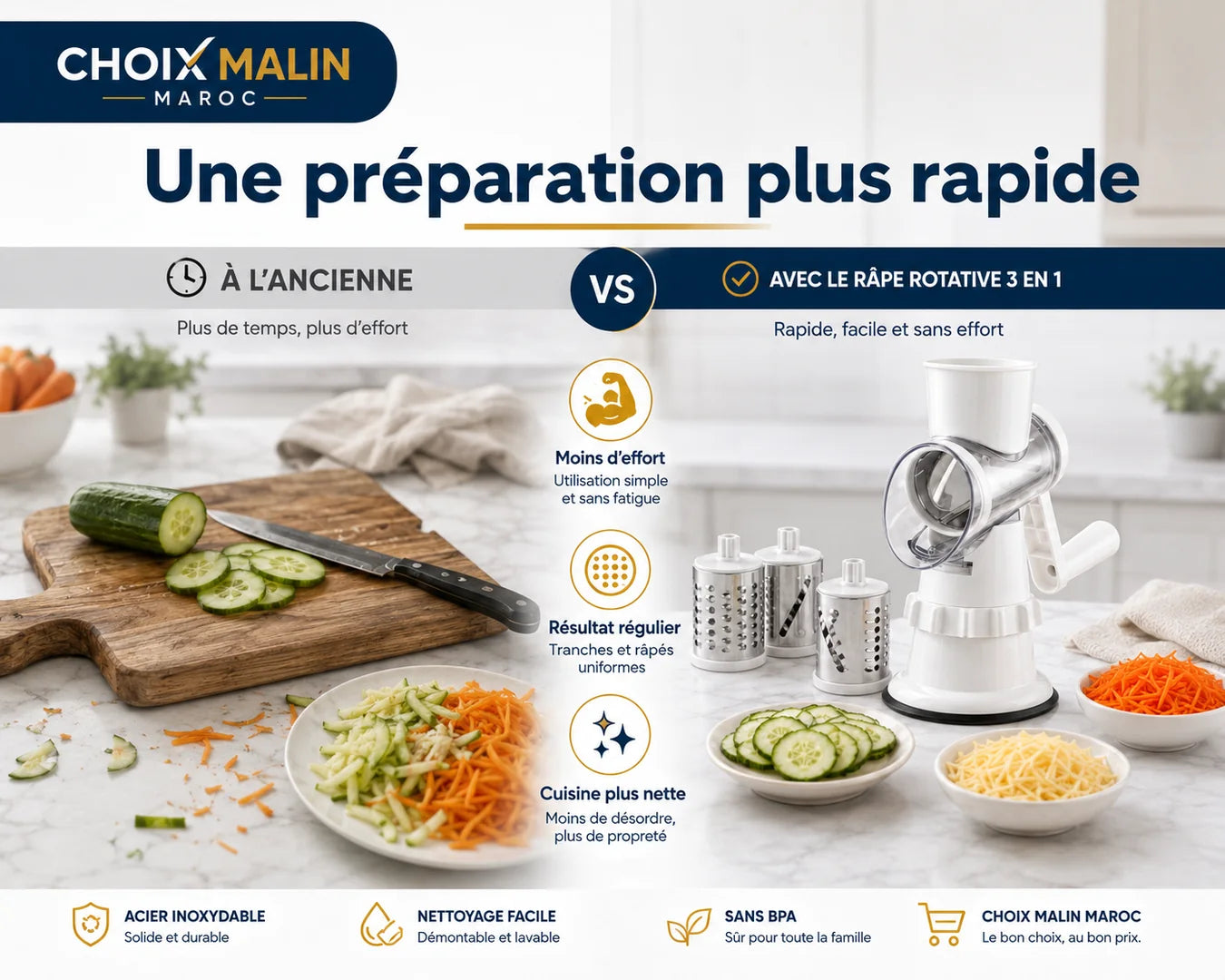 Comparaison entre la préparation classique et la râpe rotative 3 en 1