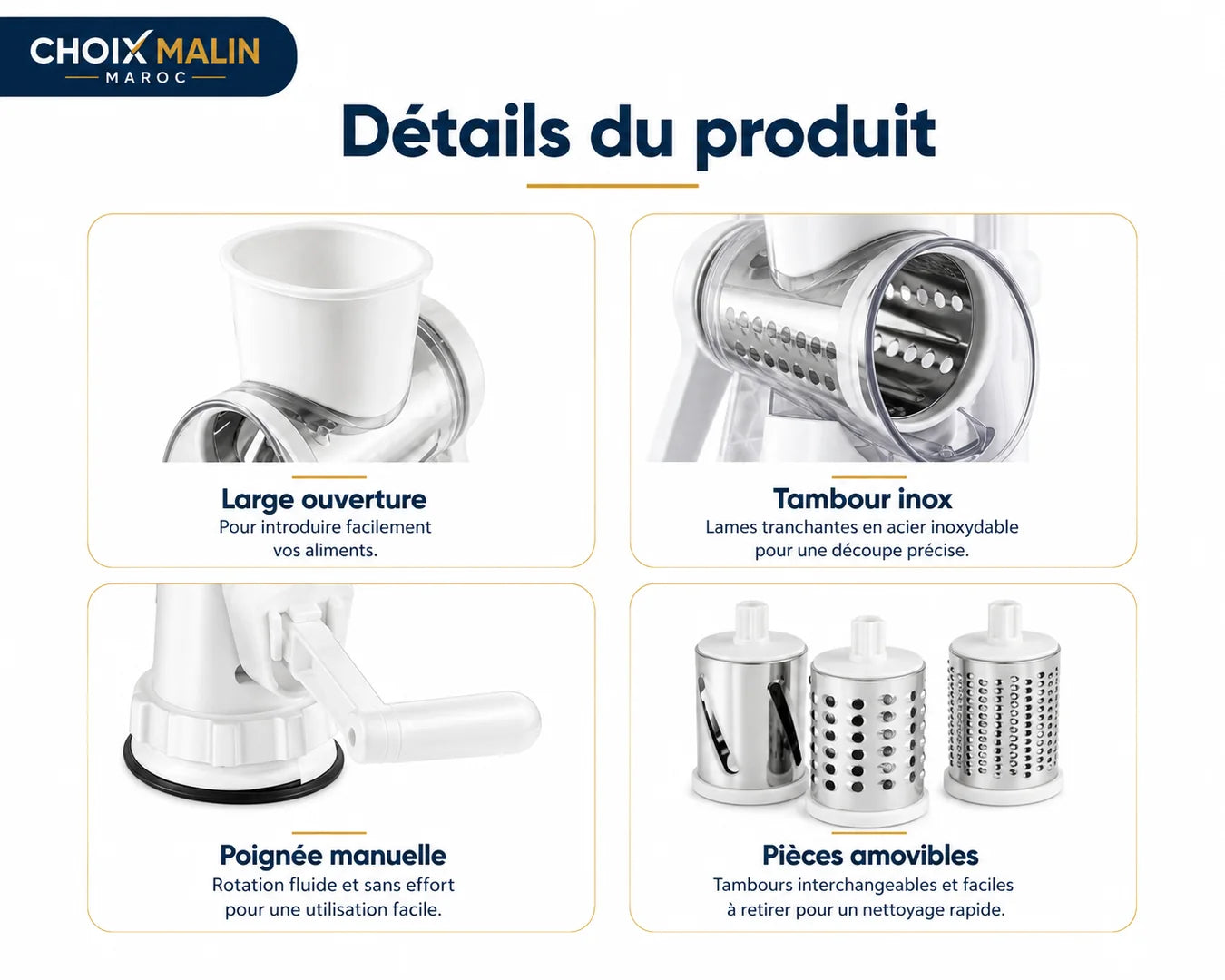 Détails de la râpe rotative avec ouverture, tambour inox et poignée