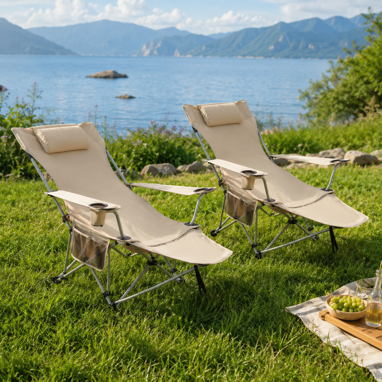 Chaise longue pliante - vue de face avec repose-pieds