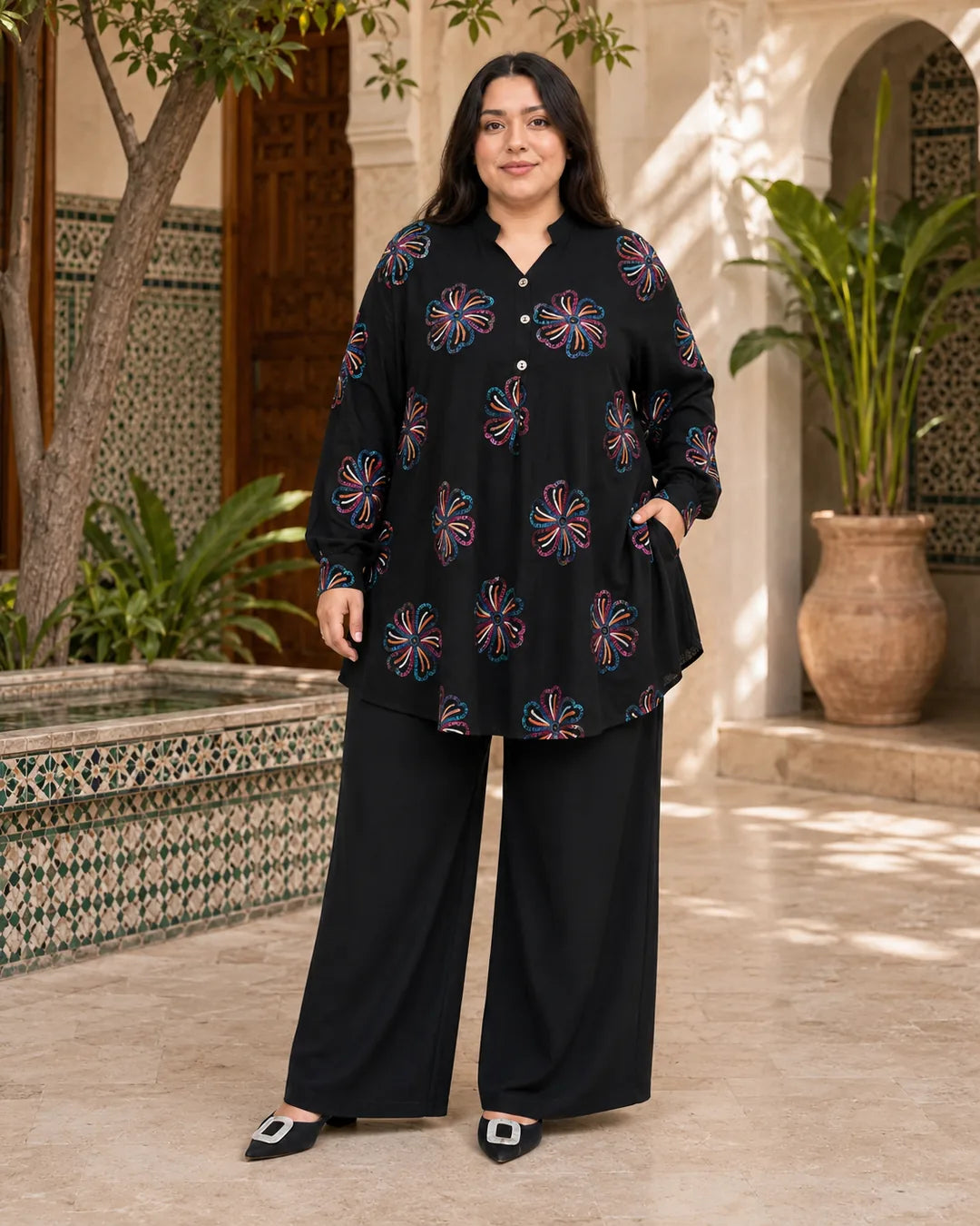 Ensemble Long Brodé couleur Noir