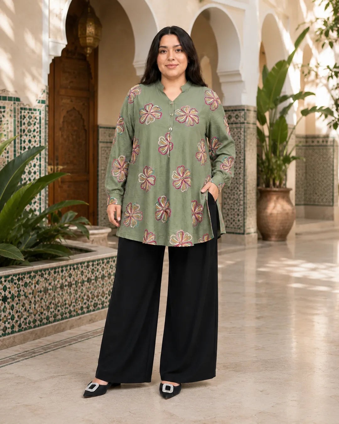 Ensemble Long Brodé couleur Vert