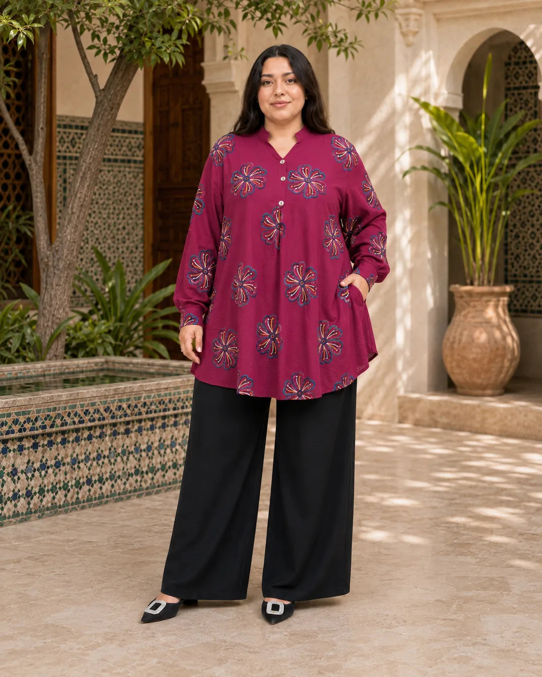 Ensemble Long Brodé couleur Rouge