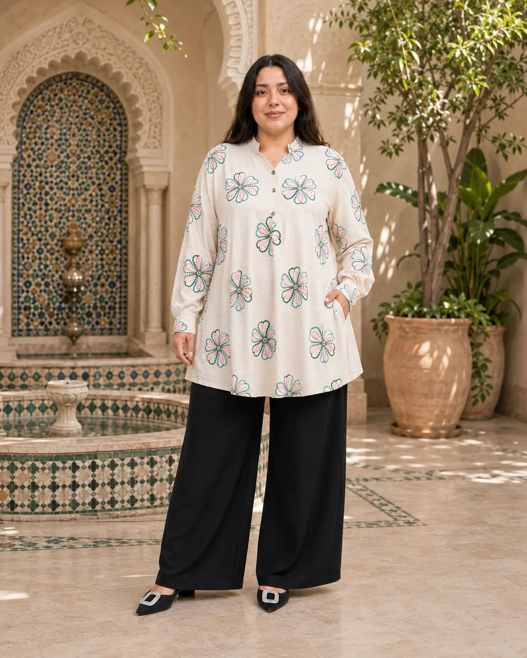 Ensemble Long Brodé couleur Beige