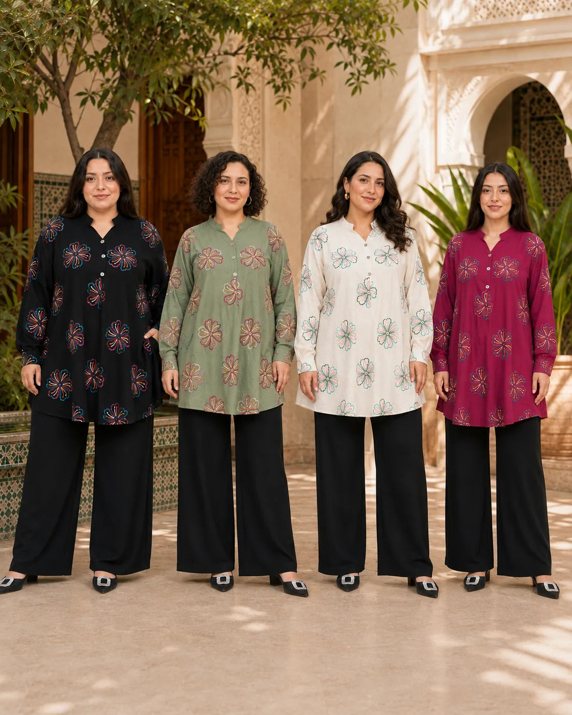 Ensemble Long Brodé en Noir, Vert, Beige et Rouge