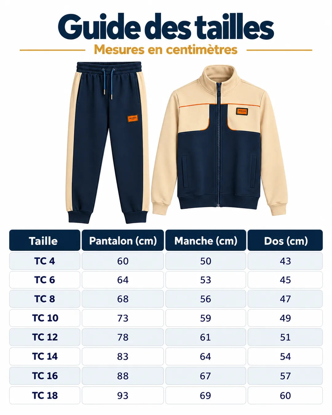 Guide des tailles de l’ensemble Hermes avec mesures en centimètres