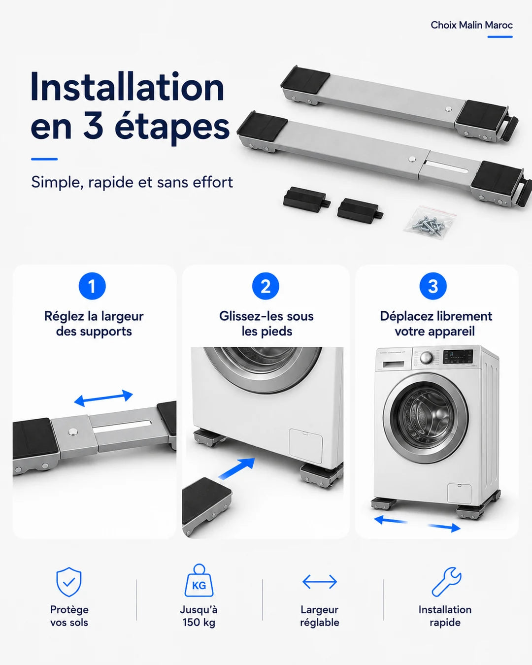 Installation des supports à roulettes en trois étapes