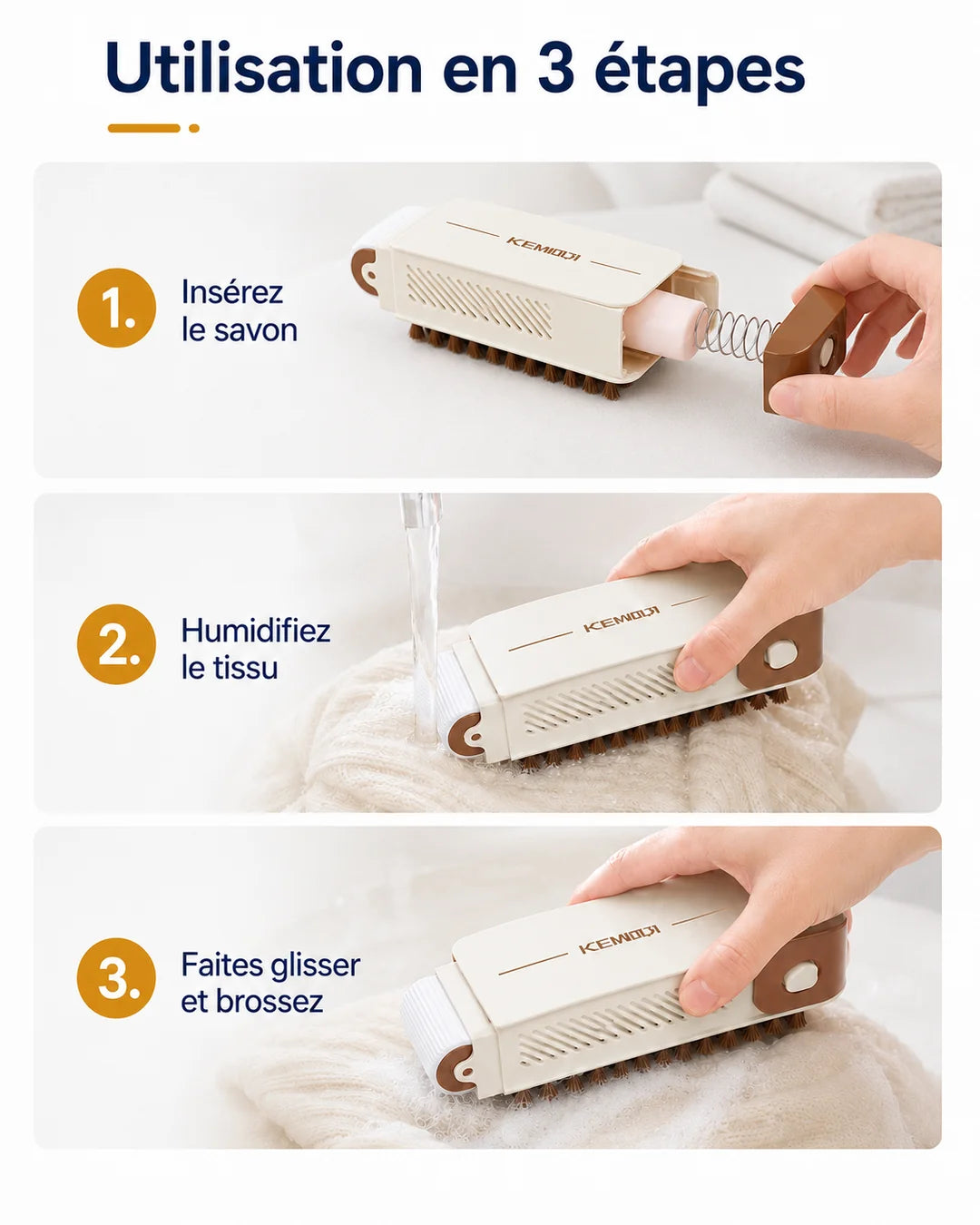 Utilisation de la brosse à savon KEMOQI en trois étapes