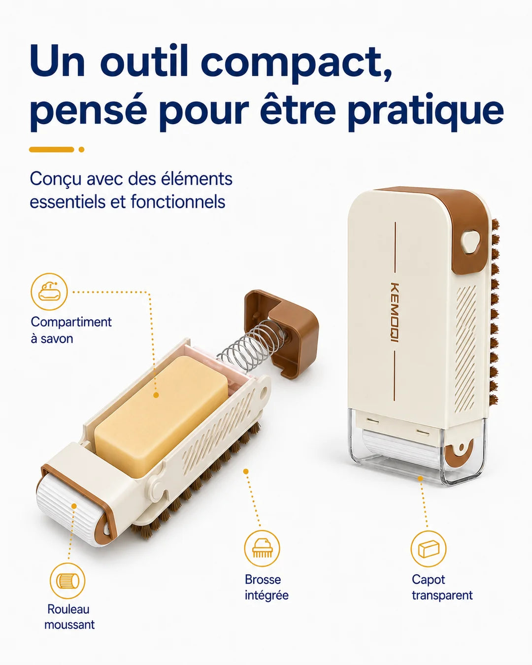 Composants de la brosse à savon avec compartiment, ressort, rouleau et capot