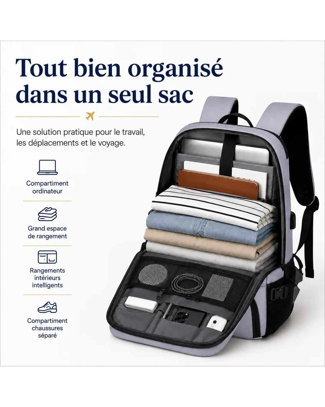 Intérieur organisé du sac à dos P08 avec ordinateur vêtements et accessoires
