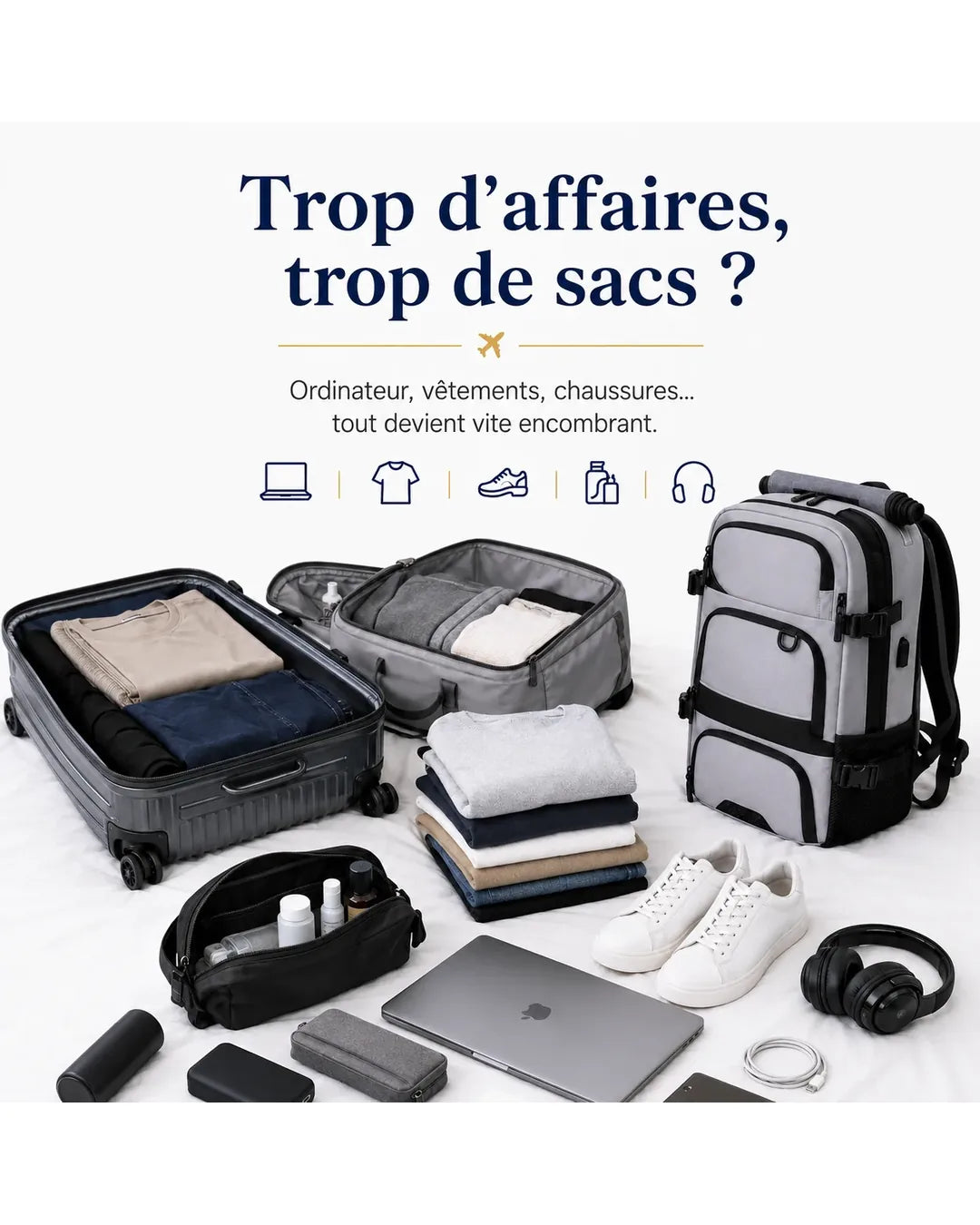 Plusieurs affaires de voyage difficiles à organiser dans différents sacs