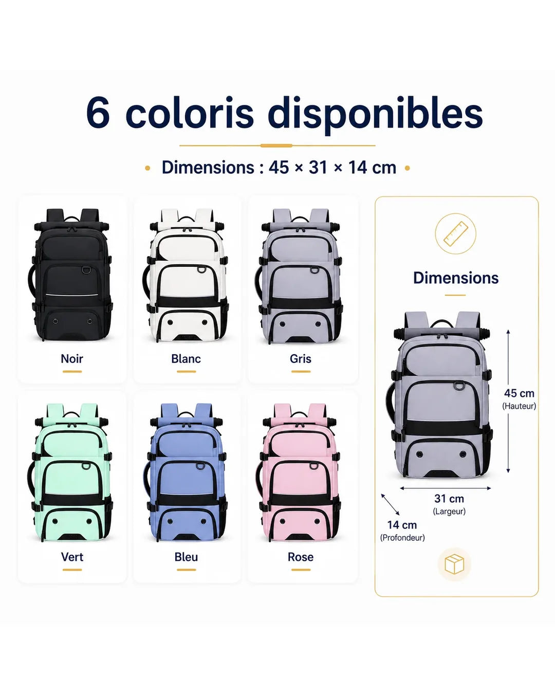 Six coloris et dimensions 45 par 31 par 14 centimètres du sac P08
