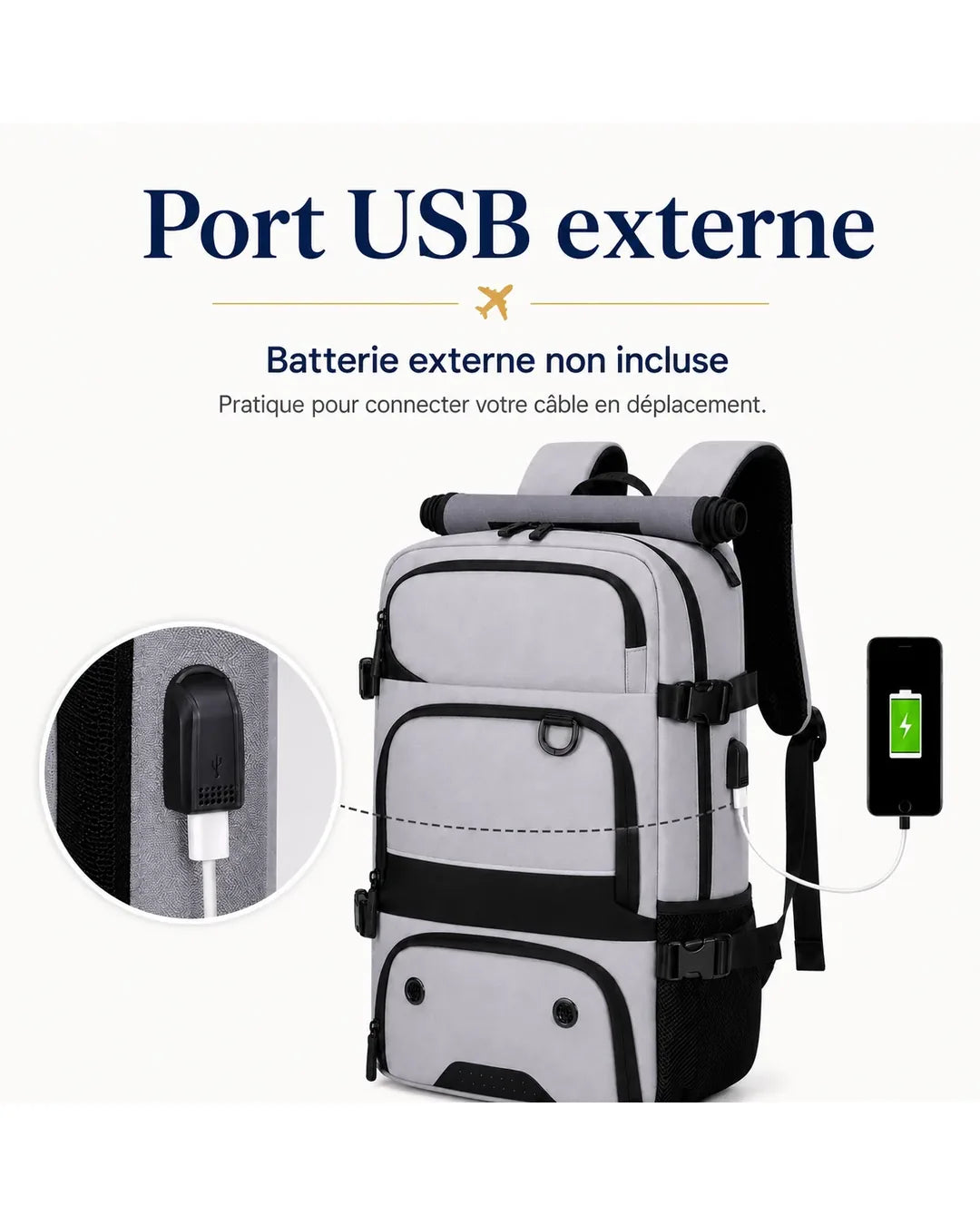 Port USB externe du sac P08 avec batterie externe non incluse