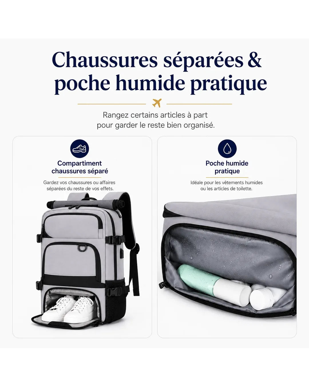 Compartiment chaussures séparé et poche pour articles humides du sac P08