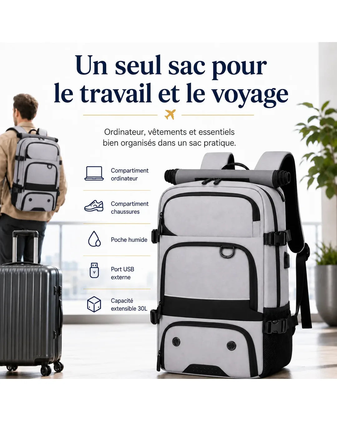 Sac à dos P08 pour le travail et le voyage avec compartiments organisés