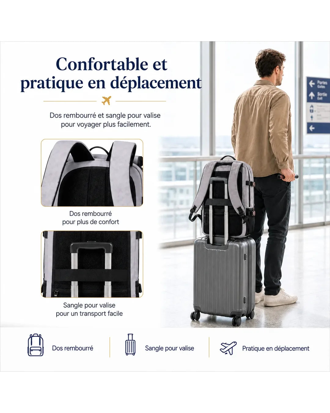 Dos rembourré et sangle arrière pour fixer le sac P08 sur une valise