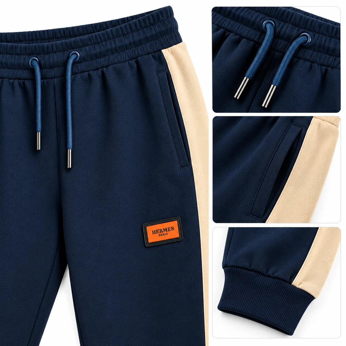 Détails de la taille élastiquée, du cordon et des poches du pantalon