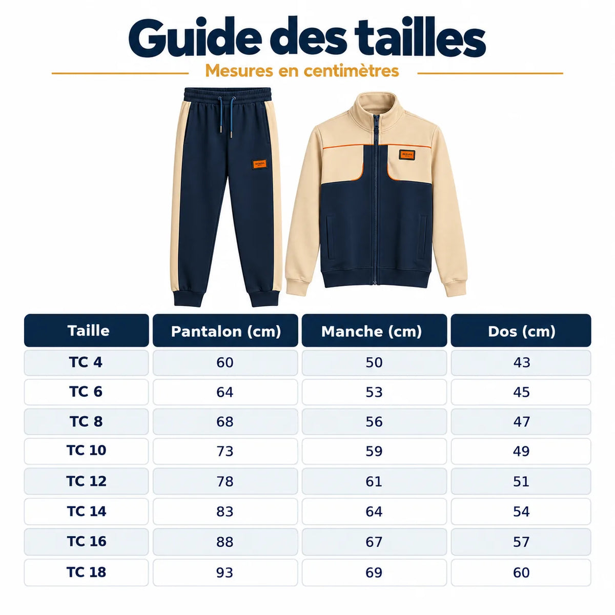 Guide des tailles et mesures de l'ensemble enfant